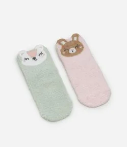 Kit 02 Meias Infantis em Chenille com Carinhas de Bichos – Tam 0 a 12 Meses