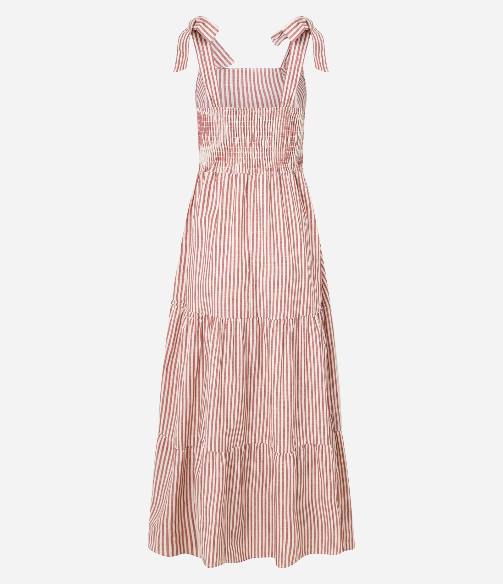 Vestido Longo em Sarja com Laço na Alça e Listras Vermelho/Branco 2