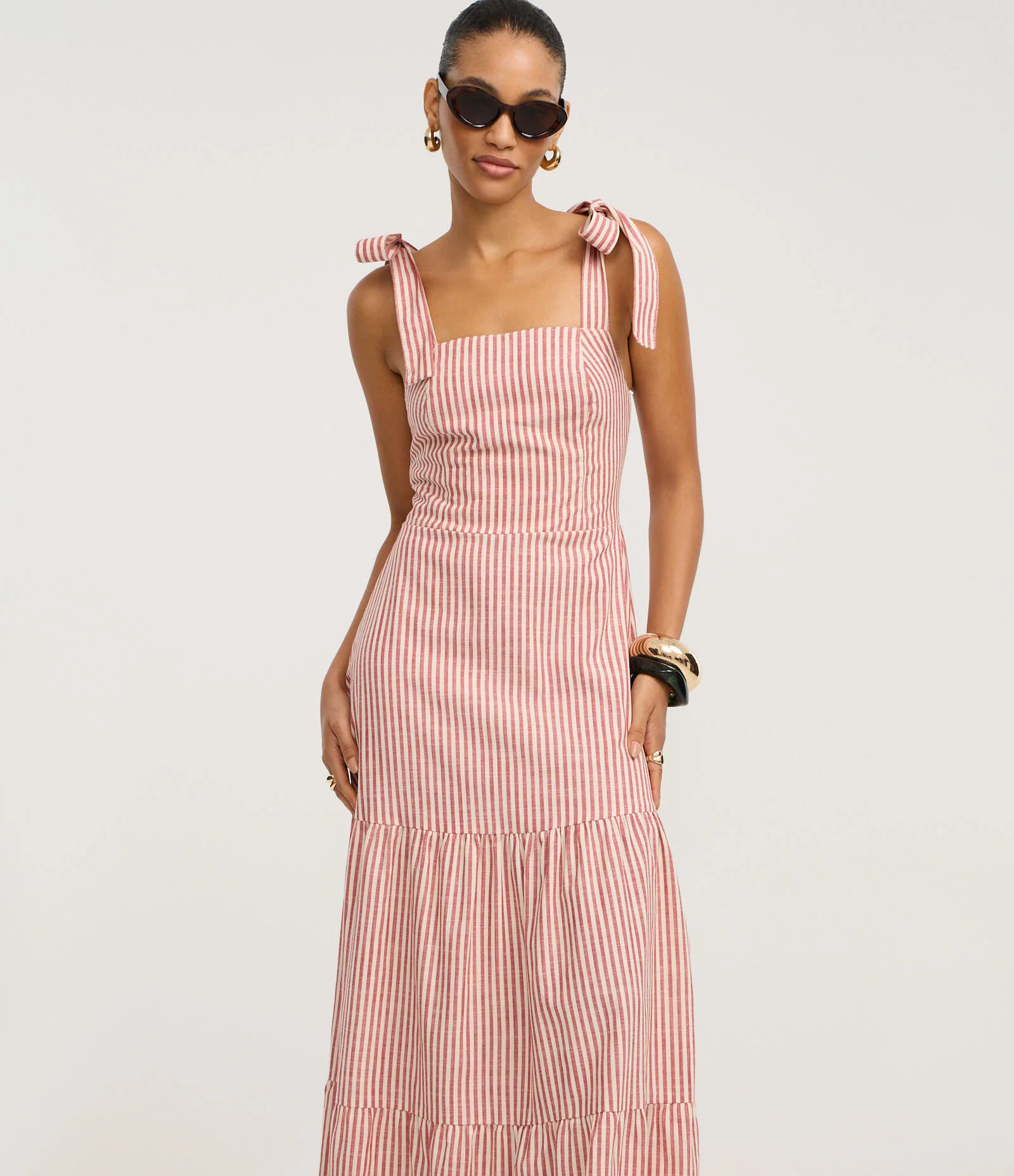 Vestido Longo em Sarja com Laço na Alça e Listras Vermelho/Branco 1