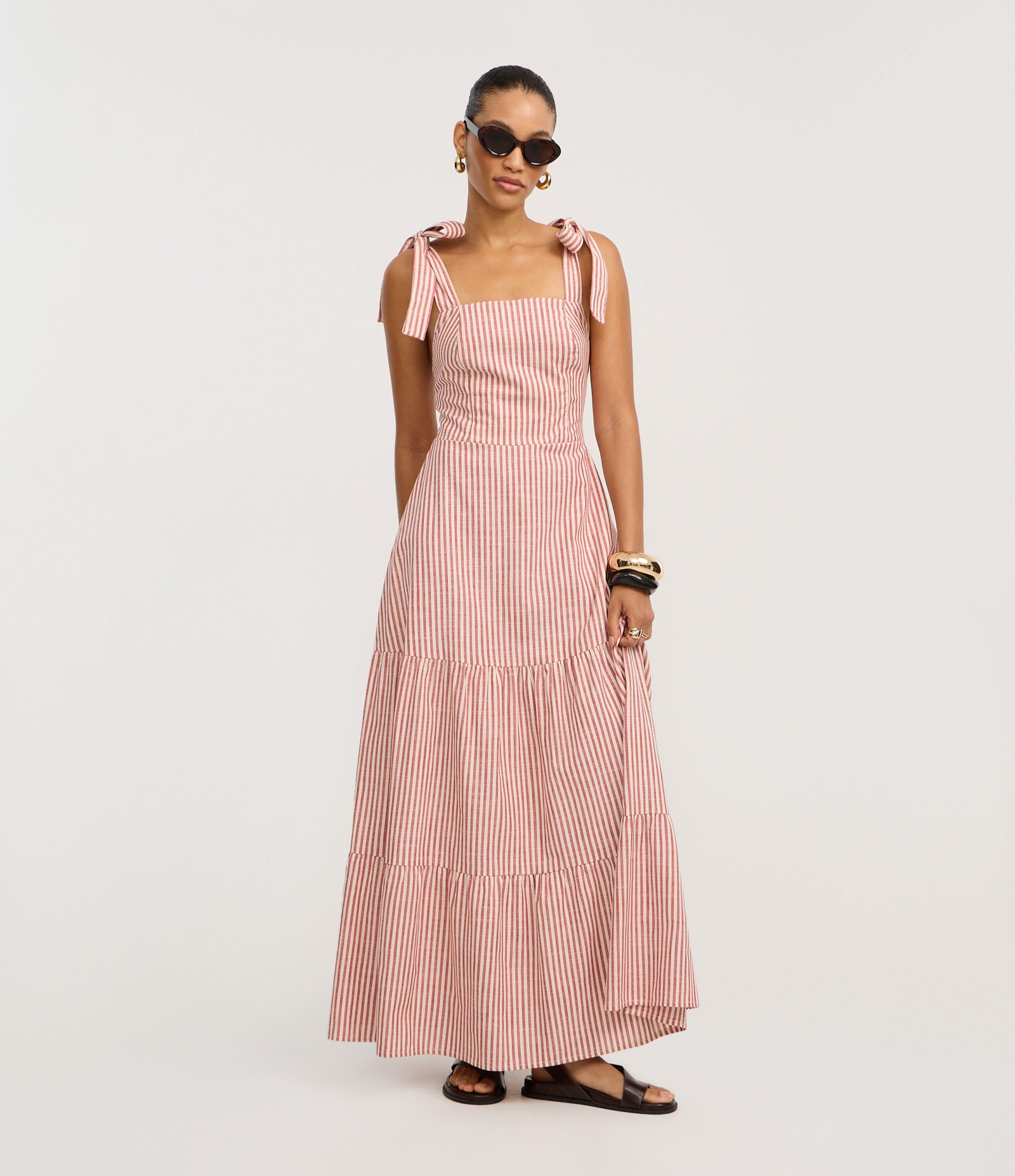 Vestido Longo em Sarja com Laço na Alça e Listras Vermelho/Branco 2