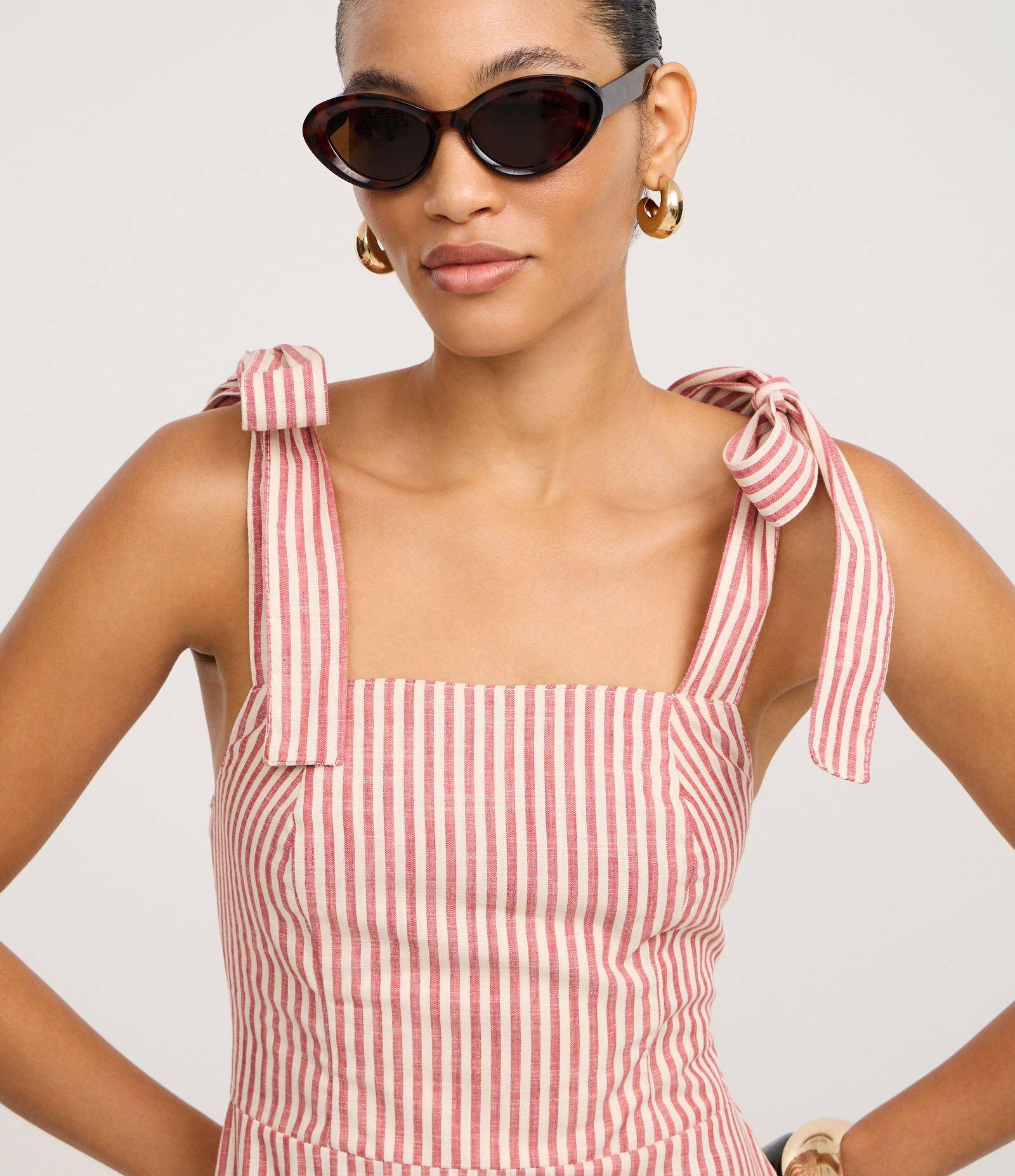 Vestido Longo em Sarja com Laço na Alça e Listras Vermelho/Branco 3