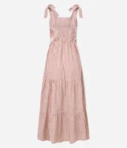 Vestido Longo em Sarja com Laço na Alça e Listras