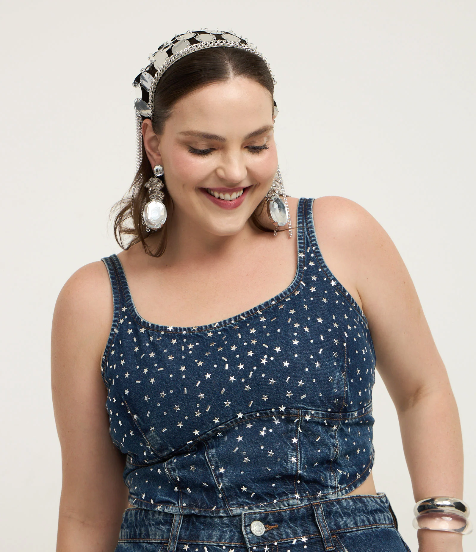 Top Jeans com Aplicação de Estrelinhas e Lastex nas Costas Curve & Plus Size Azul 1