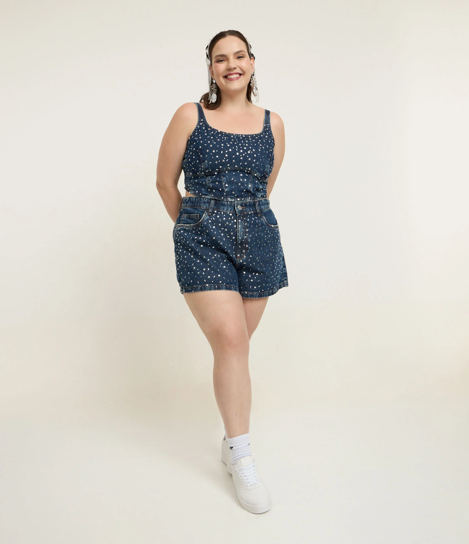 Top Jeans com Aplicação de Estrelinhas e Lastex nas Costas Curve & Plus Size Azul 2