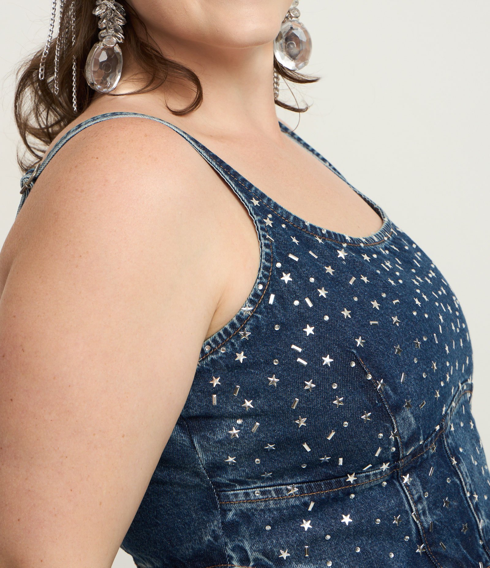 Top Jeans com Aplicação de Estrelinhas e Lastex nas Costas Curve & Plus Size Azul 3