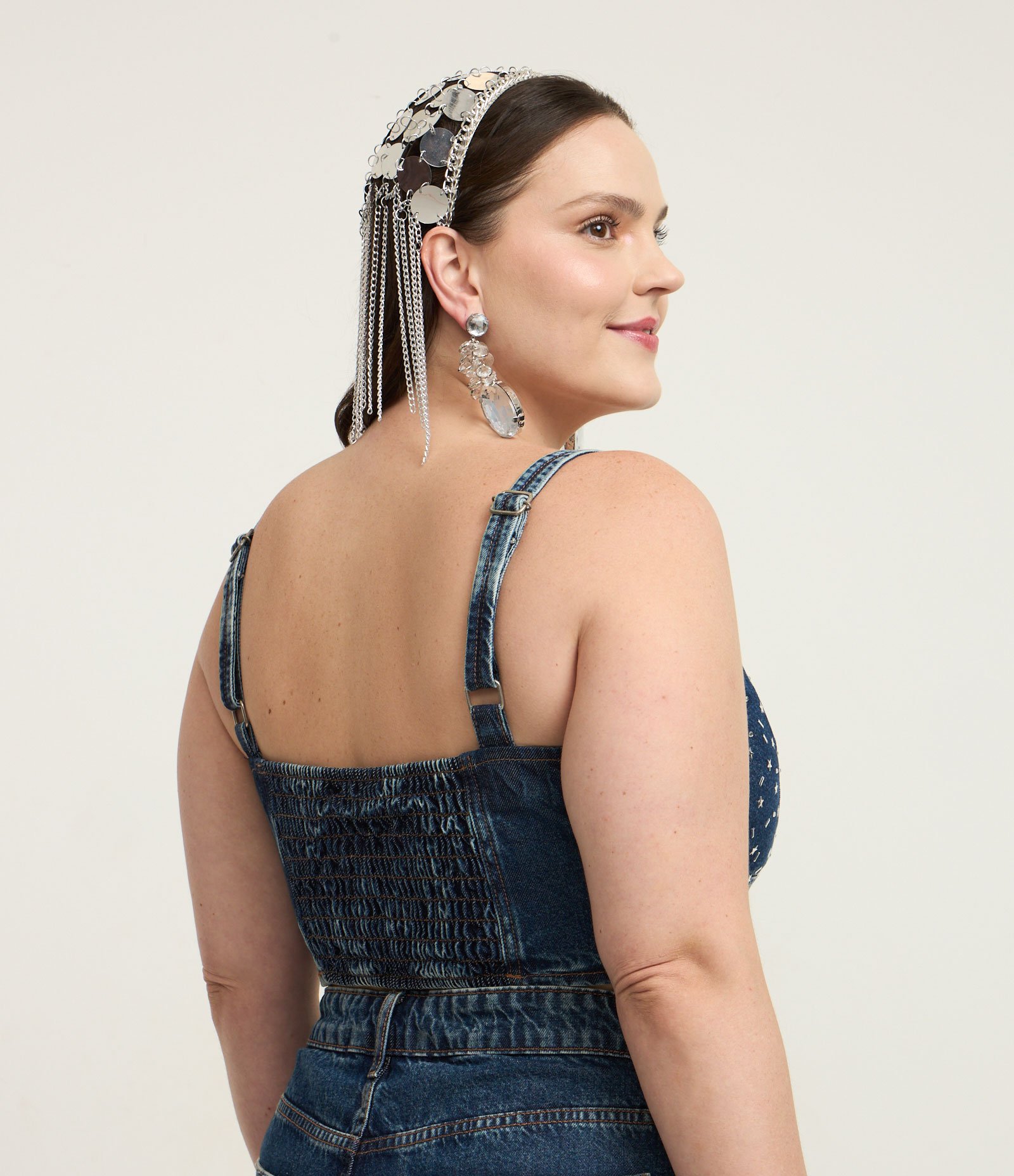 Top Jeans com Aplicação de Estrelinhas e Lastex nas Costas Curve & Plus Size Azul 4