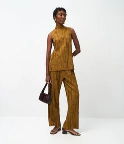 Calça Reta Cintura Alta com Textura Jacquard