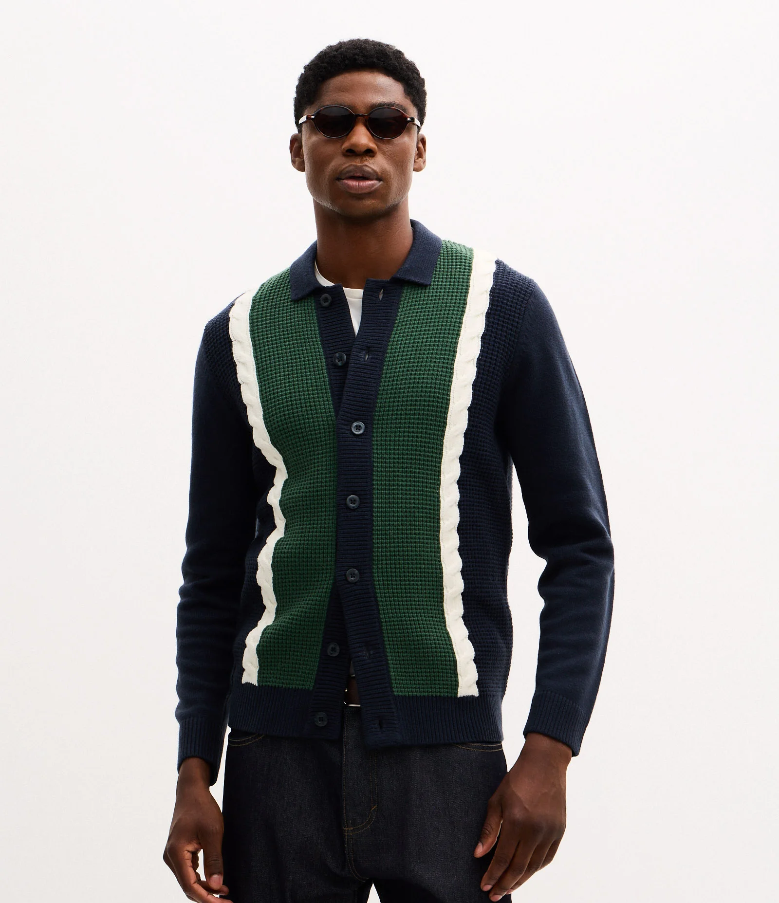 Cardigan em Efeito Tricô com Faixas Azul 1