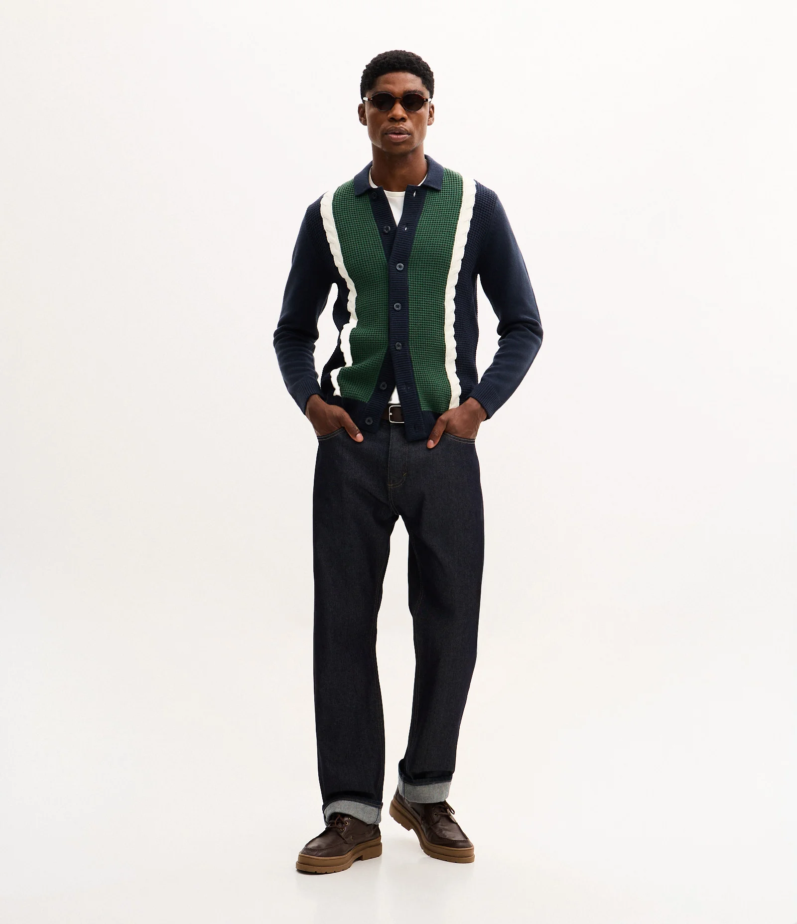 Cardigan em Efeito Tricô com Faixas Azul 2