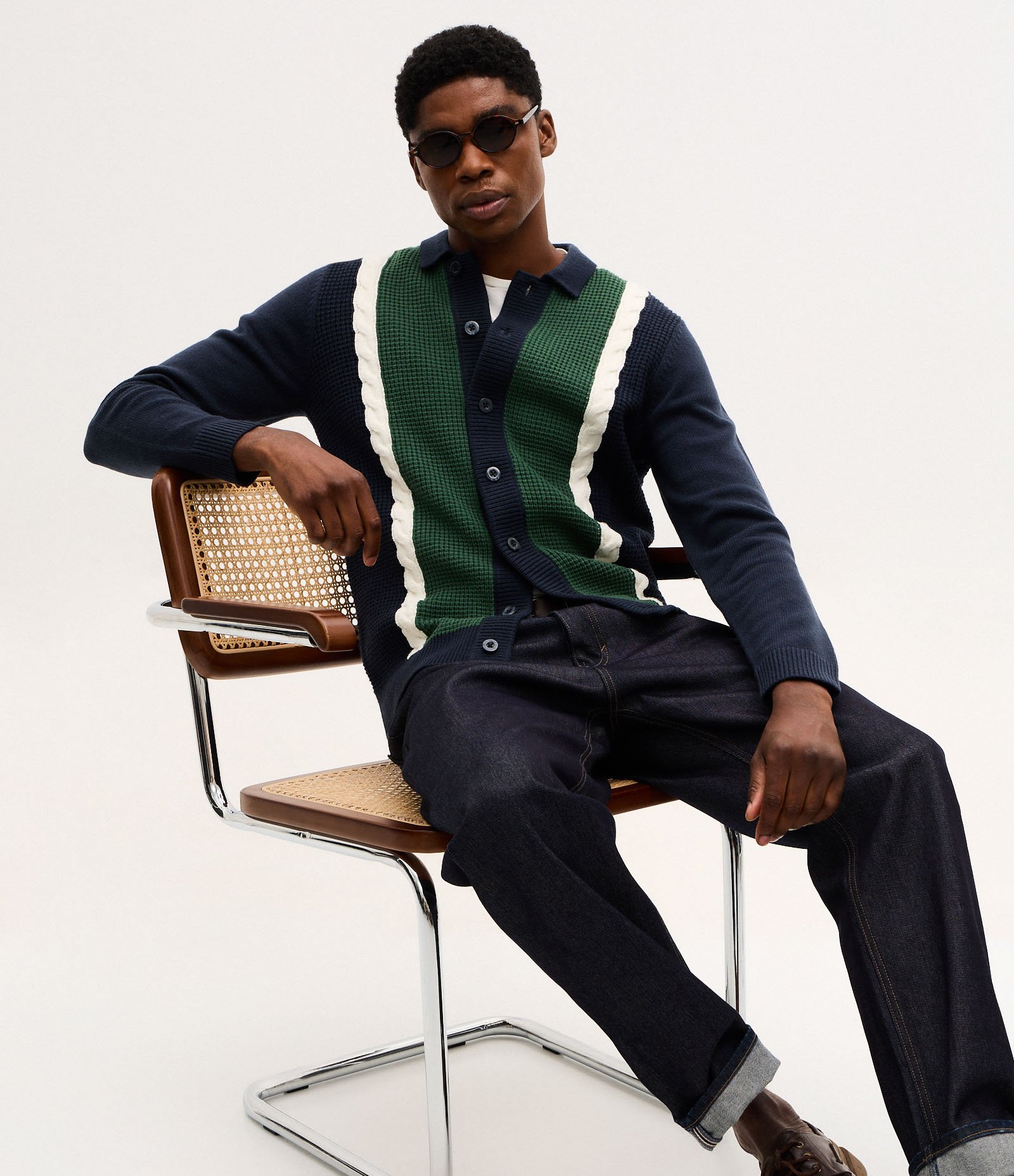 Cardigan em Efeito Tricô com Faixas Azul 3