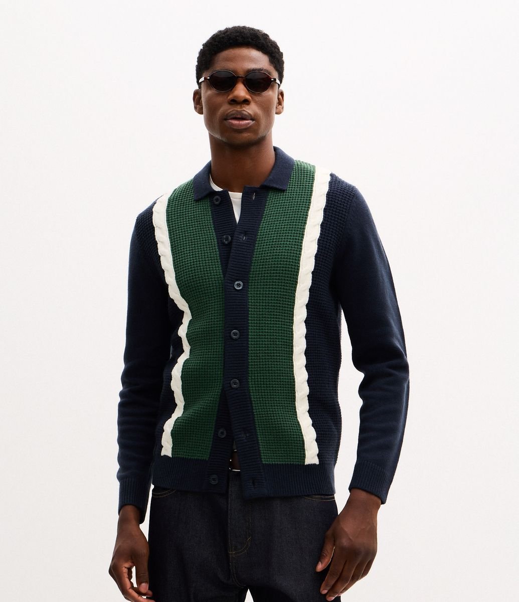 Cardigan em Efeito Tricô com Faixas Azul