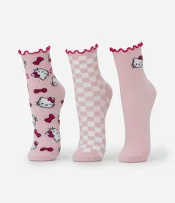 Kit 03 Meias em Algodão com Estampa Hello Kitty