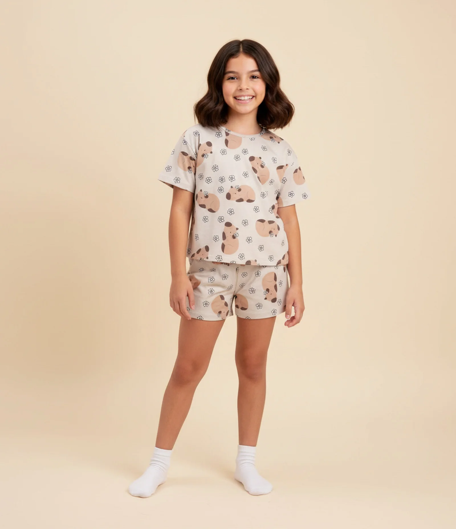 Pijama Infantil com Estampa de Capivaras – Tam 5 a 16 Anos Bege 1