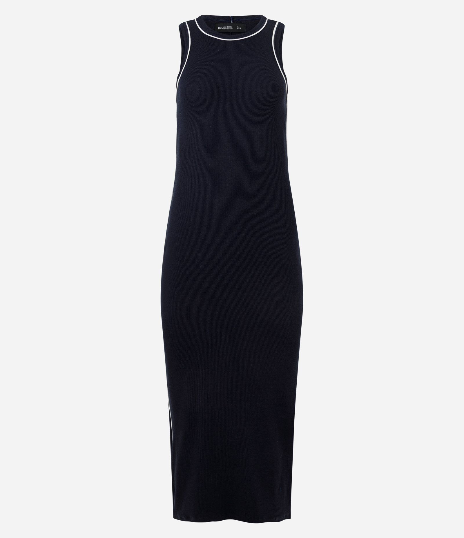 Vestido New Midi Canelado em Ribana com Contrastes Azul Escuro 1