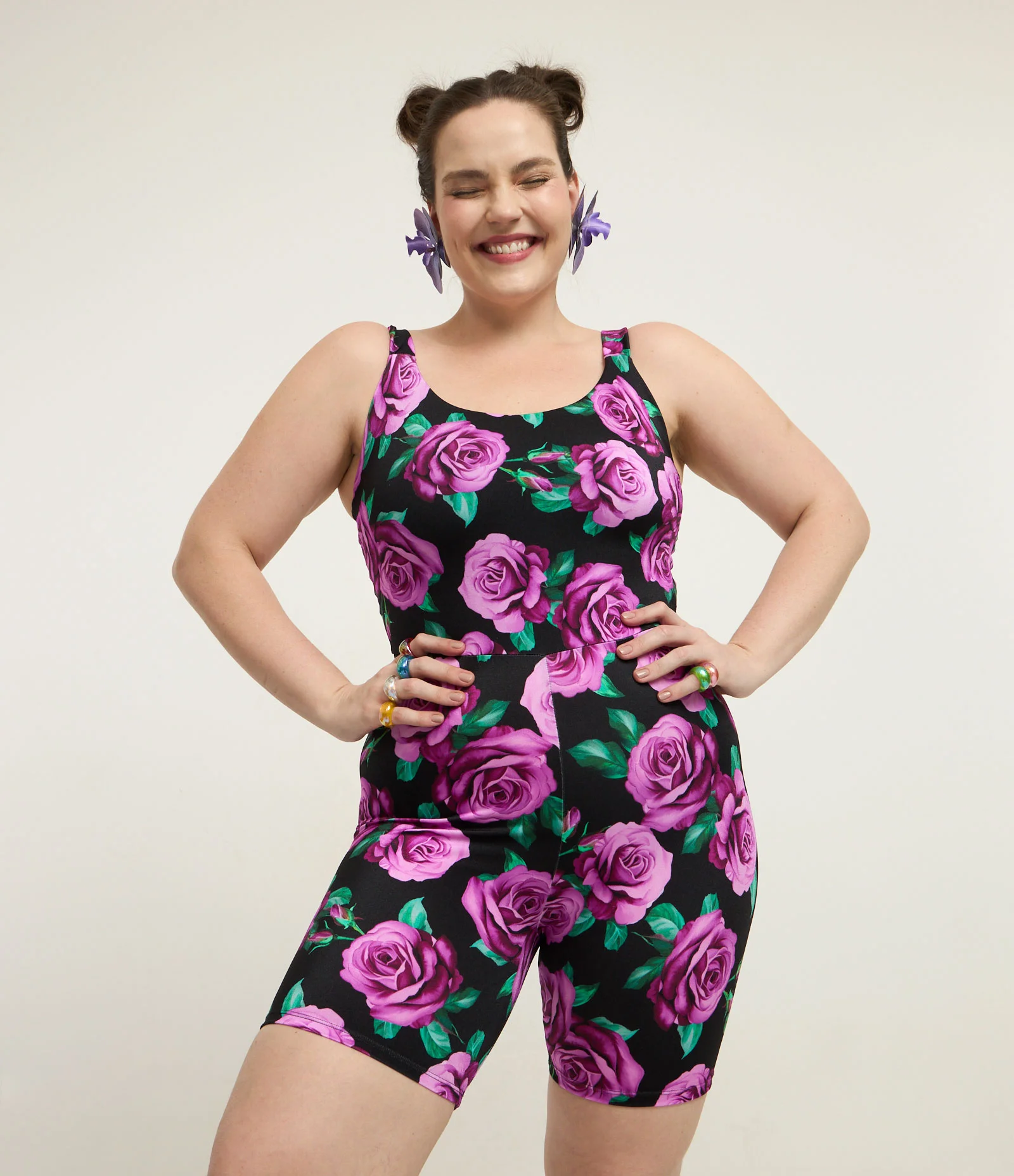 Macaquinho Esportivo com Estampa Floral e Tecnologia Dry Curve & Plus Size Preto/Roxo 2