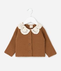 Cardigan Infantil em Tricô com Gola de Renda - Tam 0 a 18 Meses