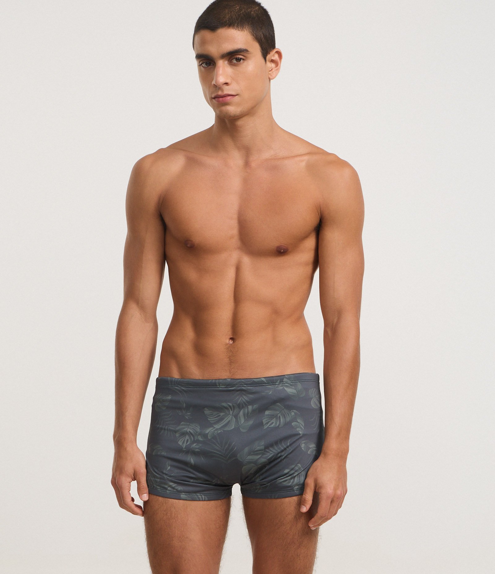 Sunga Boxer em Microfibra com Estampa de Folhagem Cinza 1