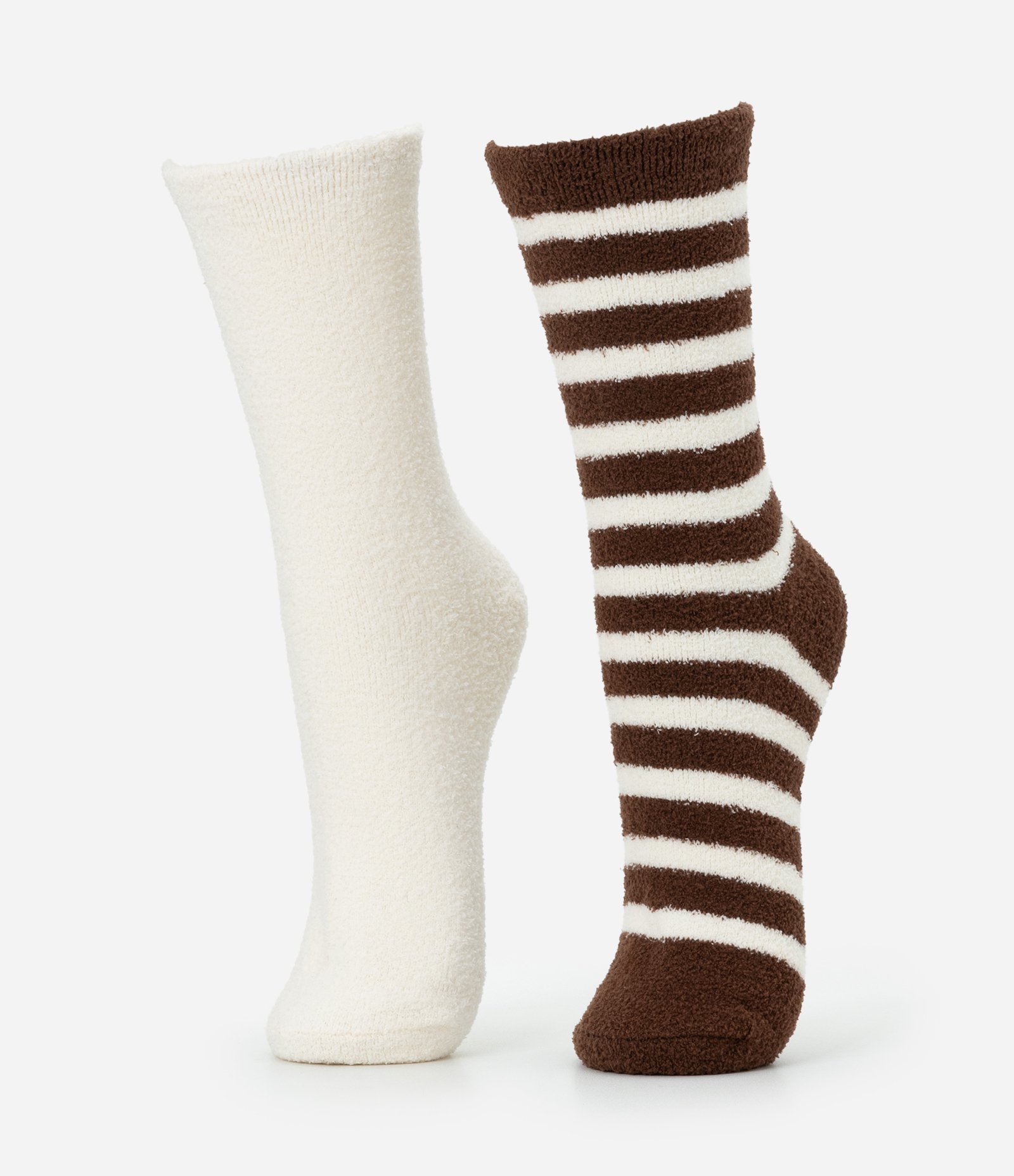 Kit 02 Meias Cano Alto em Chenille Off White/Marrom 1
