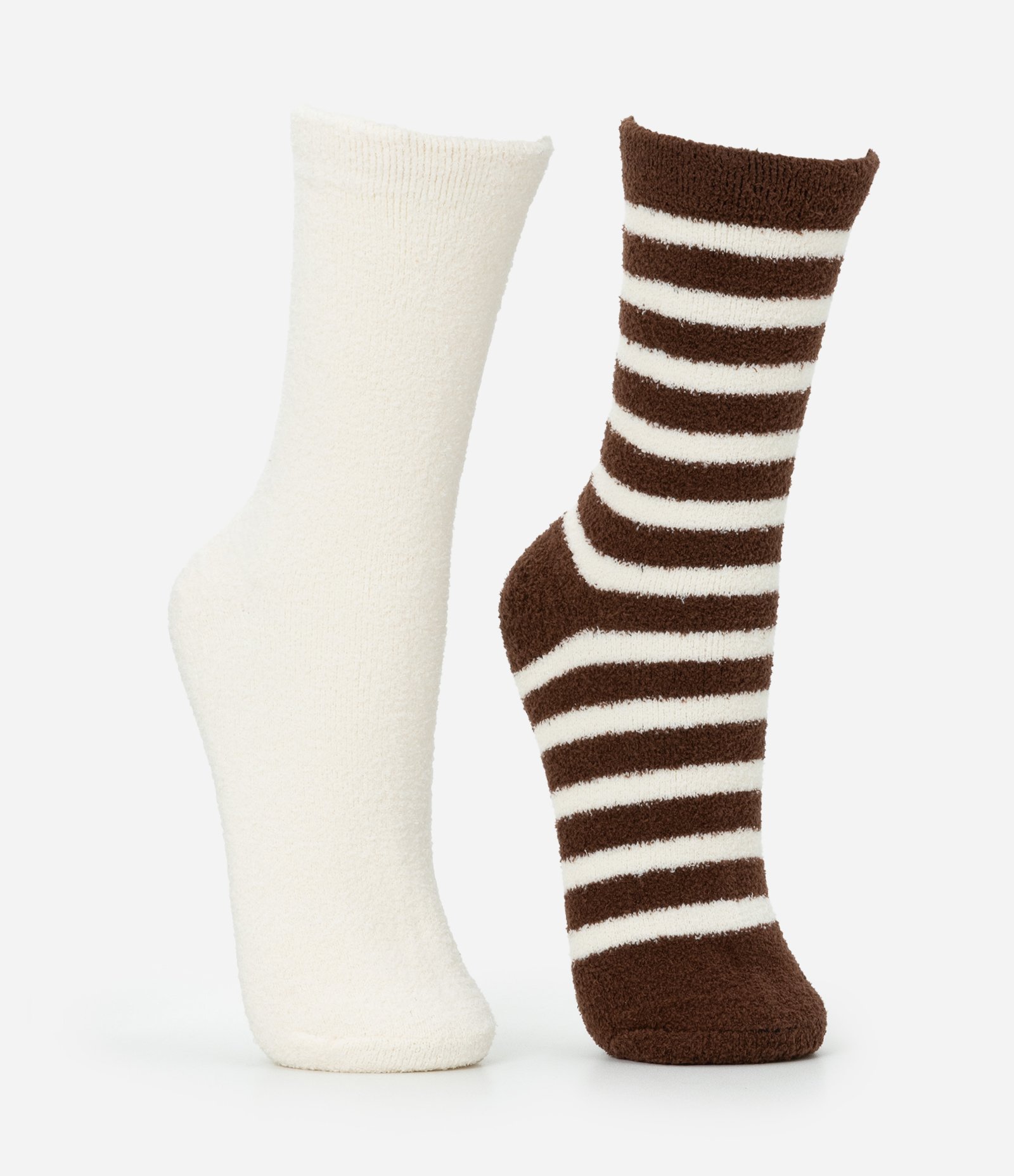 Kit 02 Meias Cano Alto em Chenille Off White/Marrom 2
