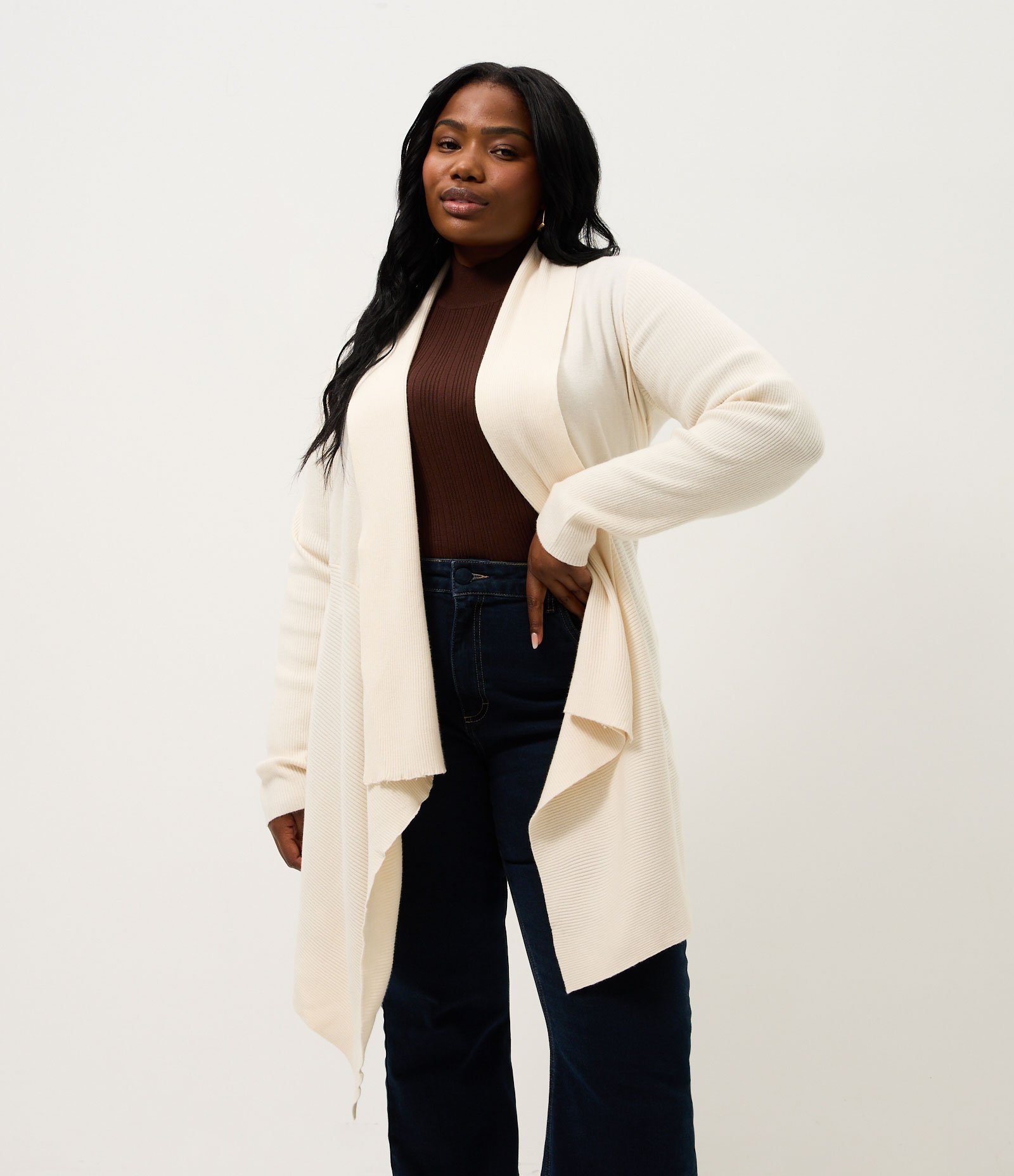 Cardigan Alongado em Tricô com Pontas Curve & Plus Size Off White