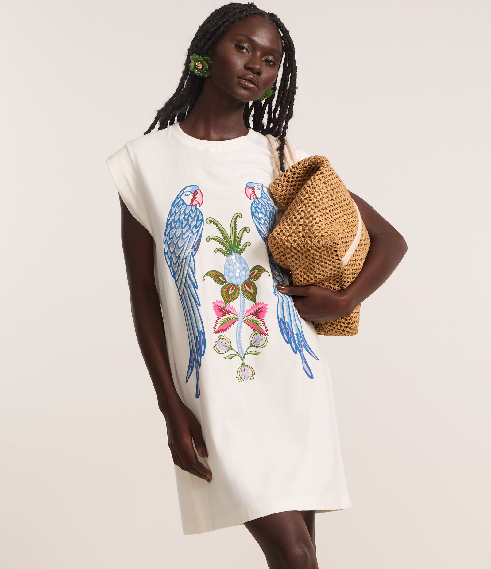 Vestido Curto em Algodão com Estampa Araras e Flor Branco 1