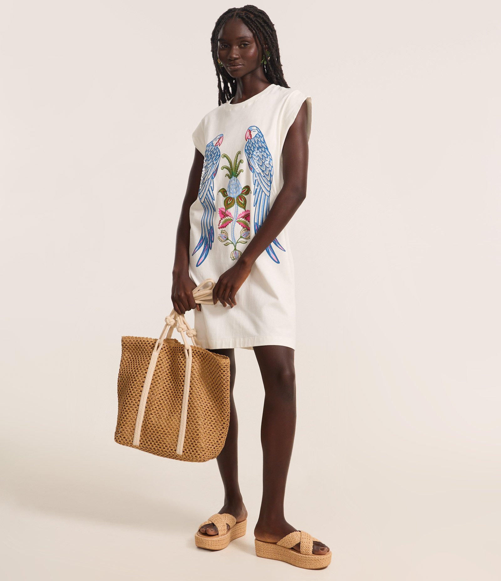 Vestido Curto em Algodão com Estampa Araras e Flor Branco 2