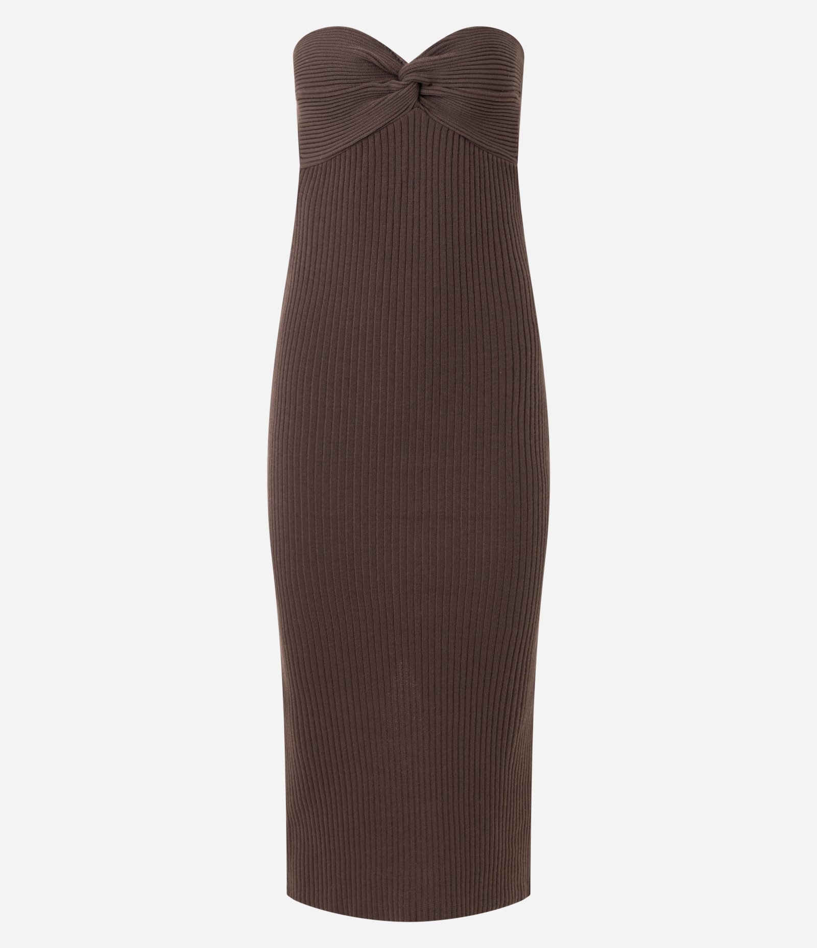 Vestido New Midi Tomara que Caia em Tricô com Torcido no Busto Marrom 6