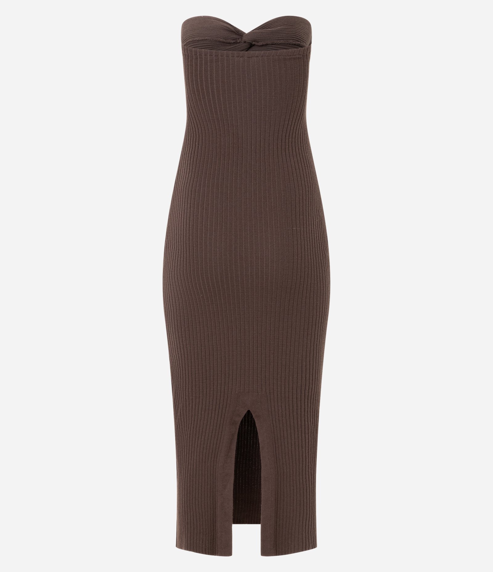 Vestido New Midi Tomara que Caia em Tricô com Torcido no Busto Marrom 8