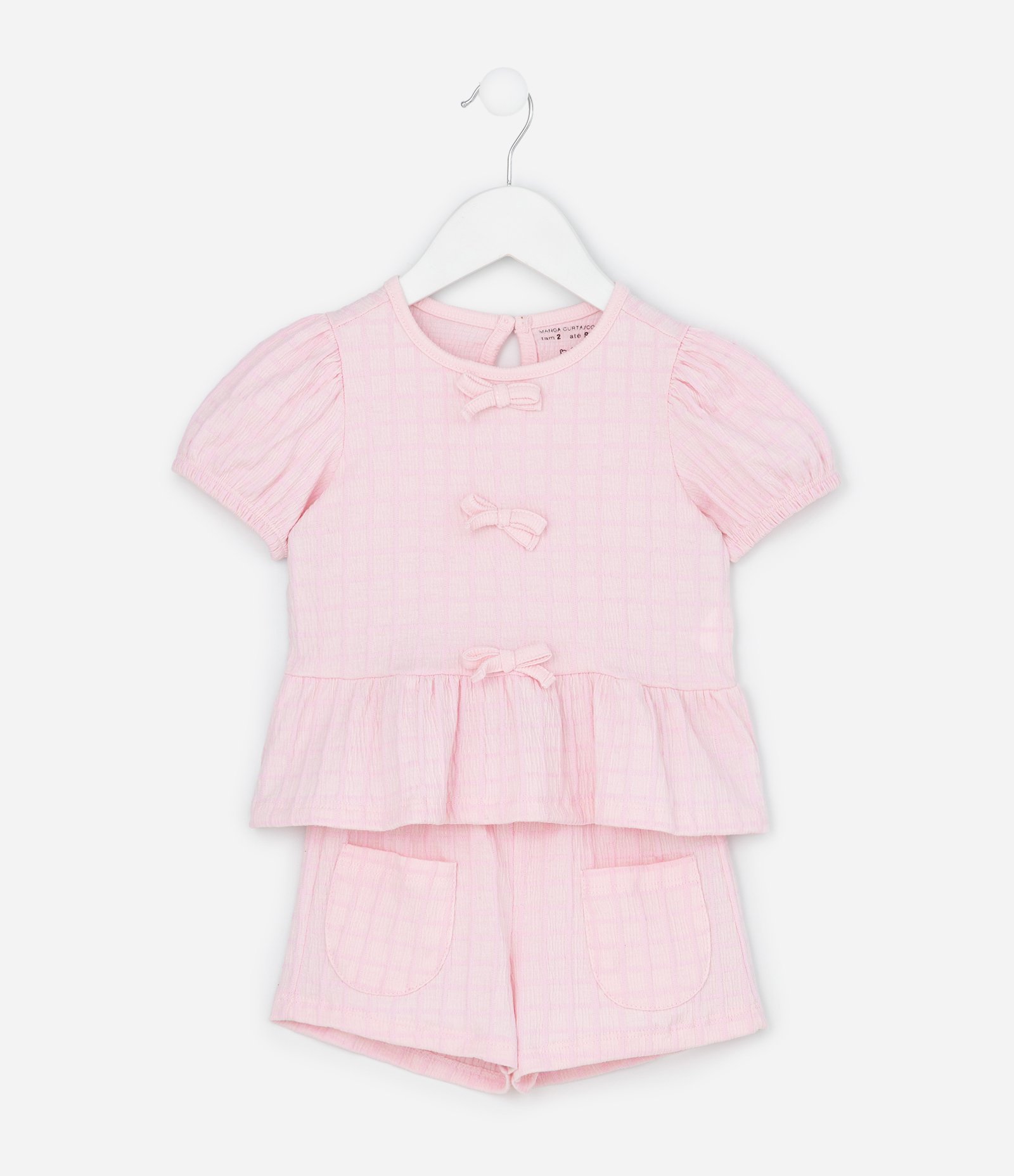 Conjunto Infantil Texturizado com Batinha e Short com Bolsos - Tam 1 A 6 Anos Rosa Claro 1