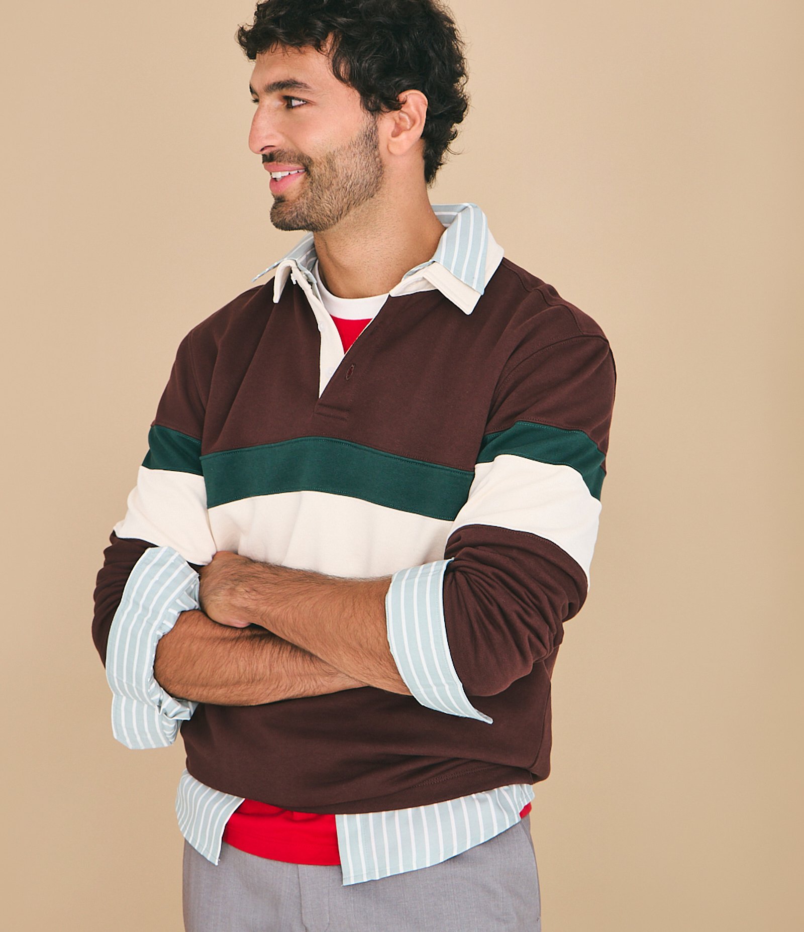 Casaco Moletom com Gola Polo Estampa Bloco de Cor Marrom 1