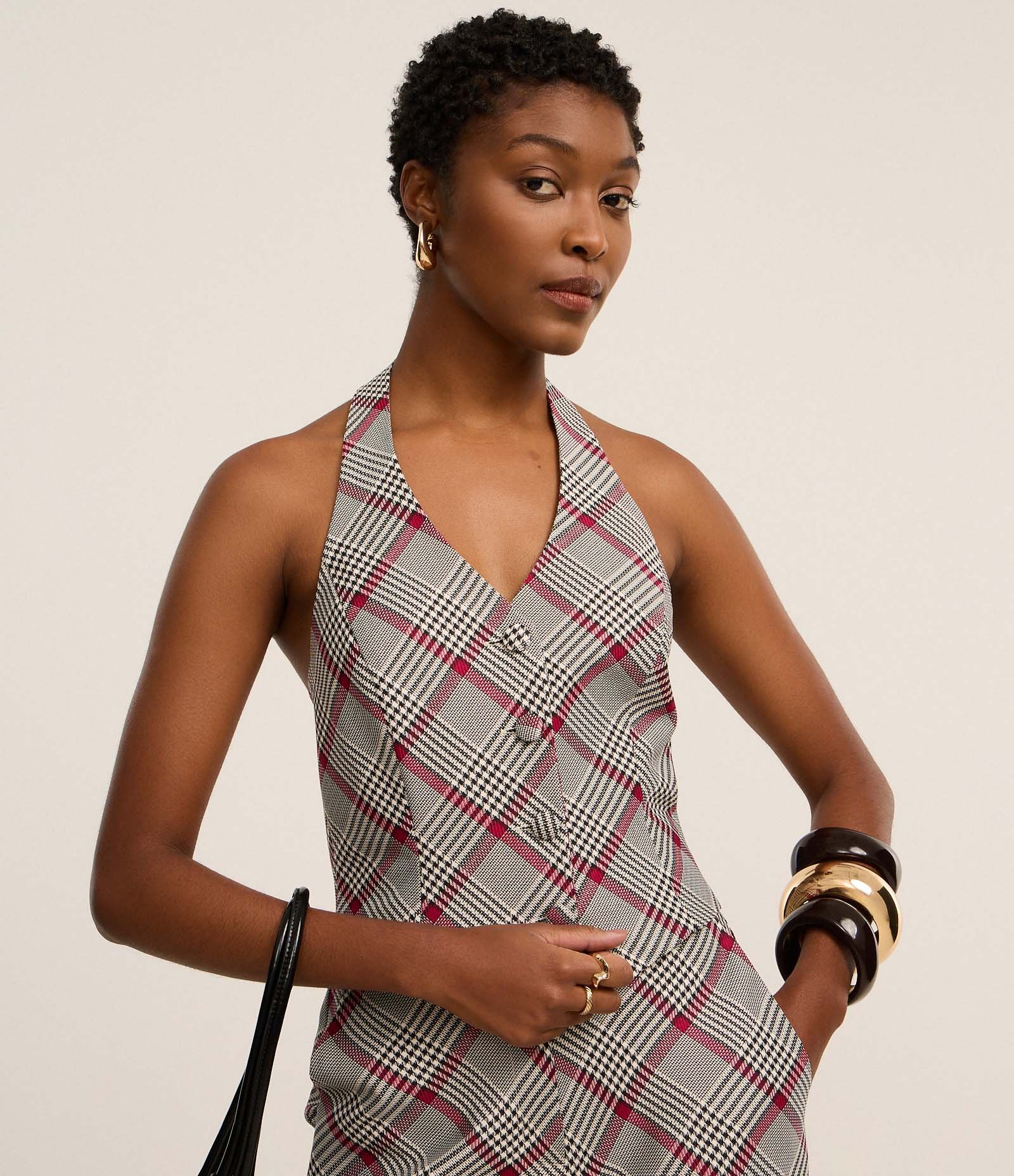 Colete Frente Única em Alfaiataria com Estampa Xadrez Cinza 1