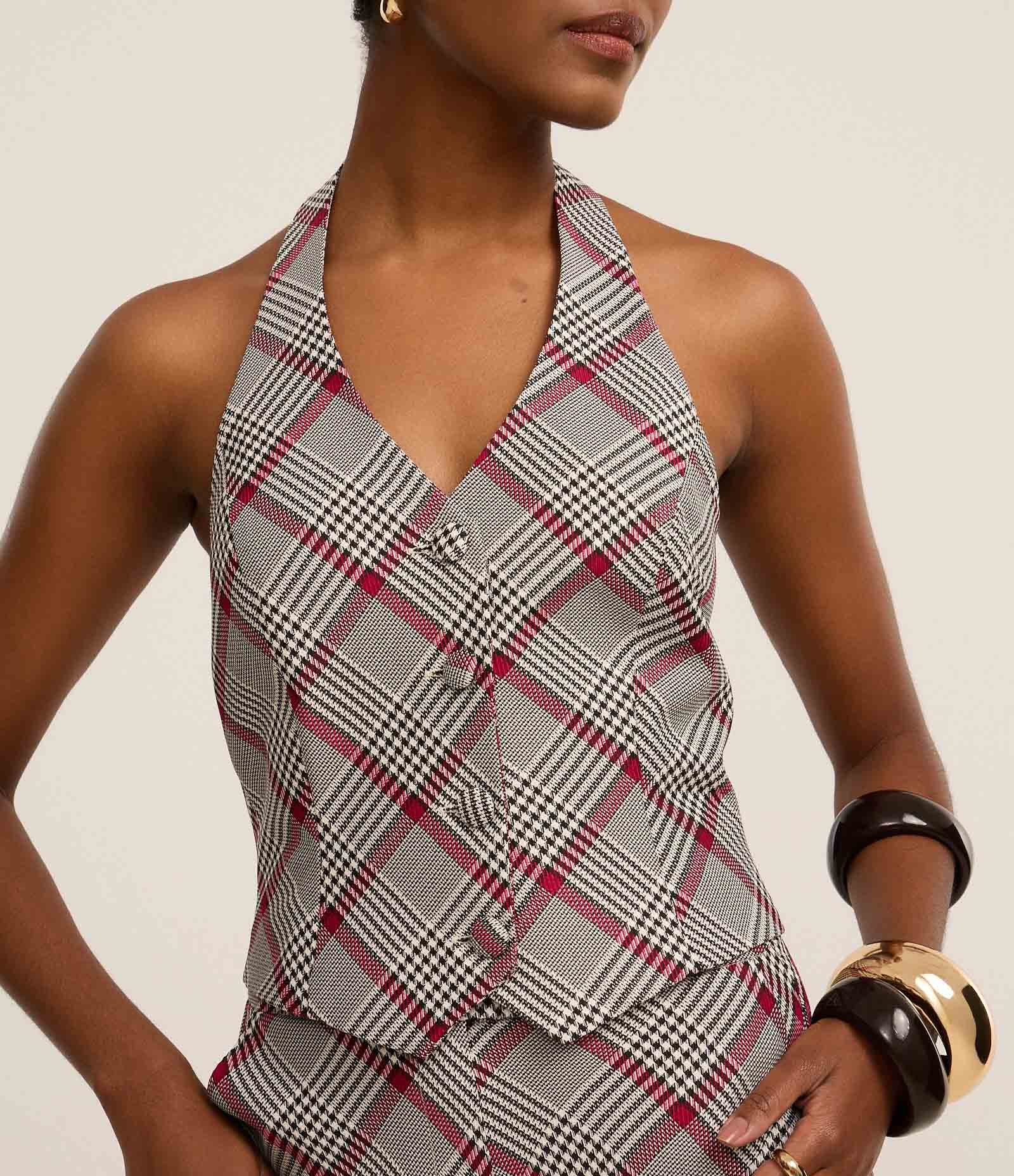 Colete Frente Única em Alfaiataria com Estampa Xadrez Cinza 3