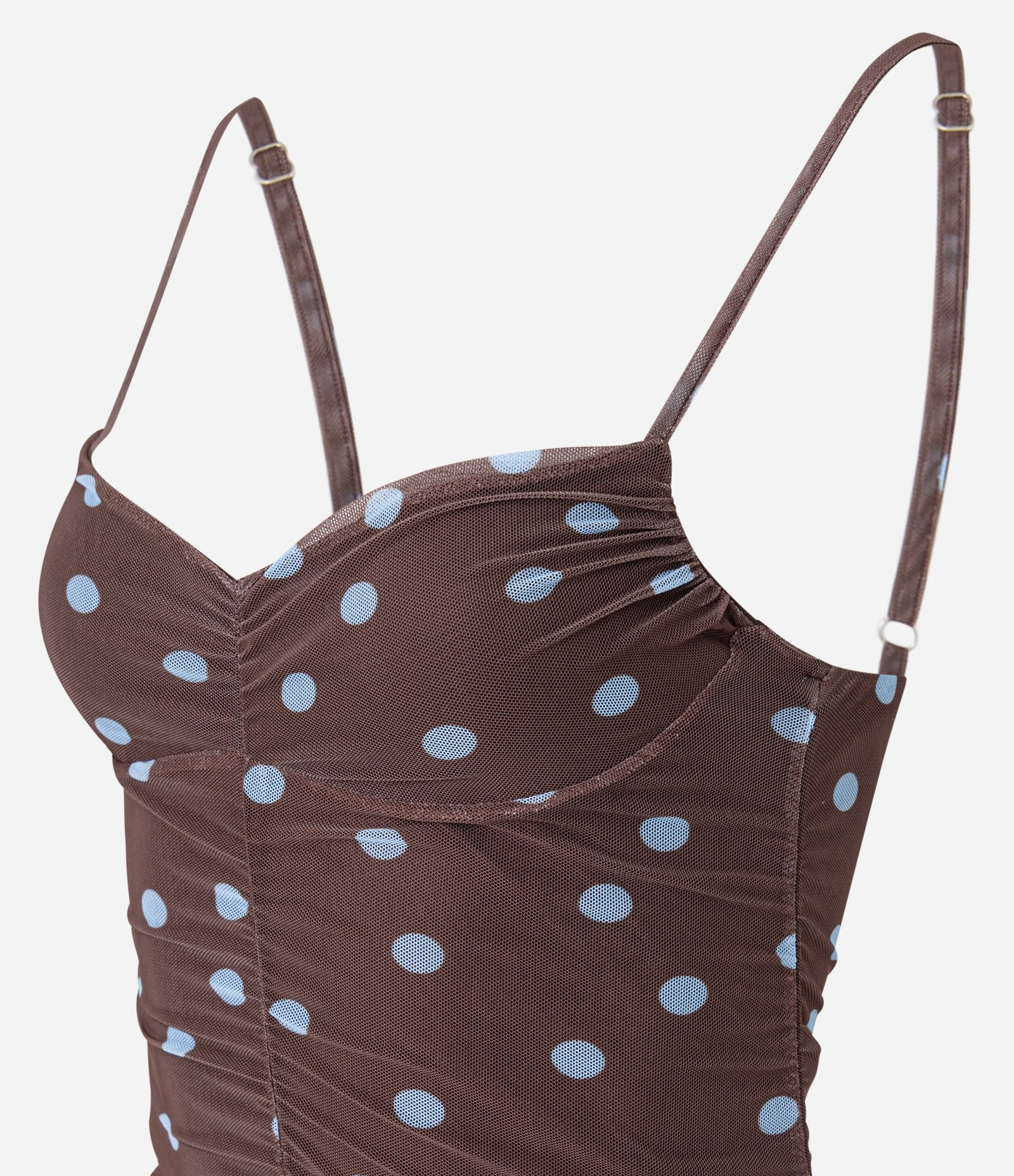 Vestido Long Midi em Tule com Franzidos e Estampa Poá Marrom 6