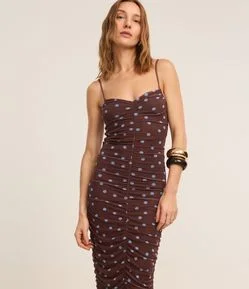 Vestido Long Midi em Tule com Franzidos e Estampa Poá