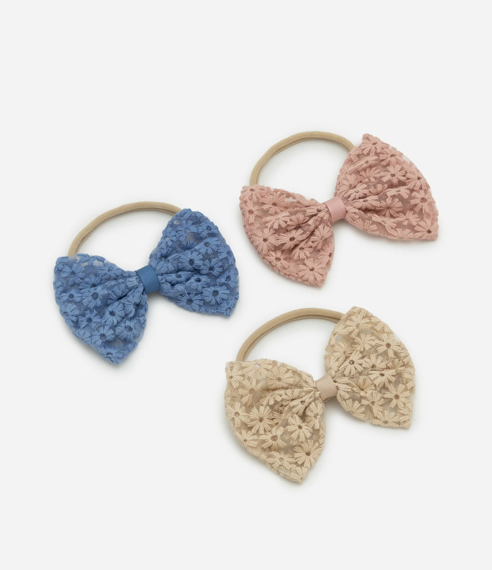 Kit 03 Faixas Infantis em Tule com Laços Texturizados – Tam U Azul/Rosa/Bege 1