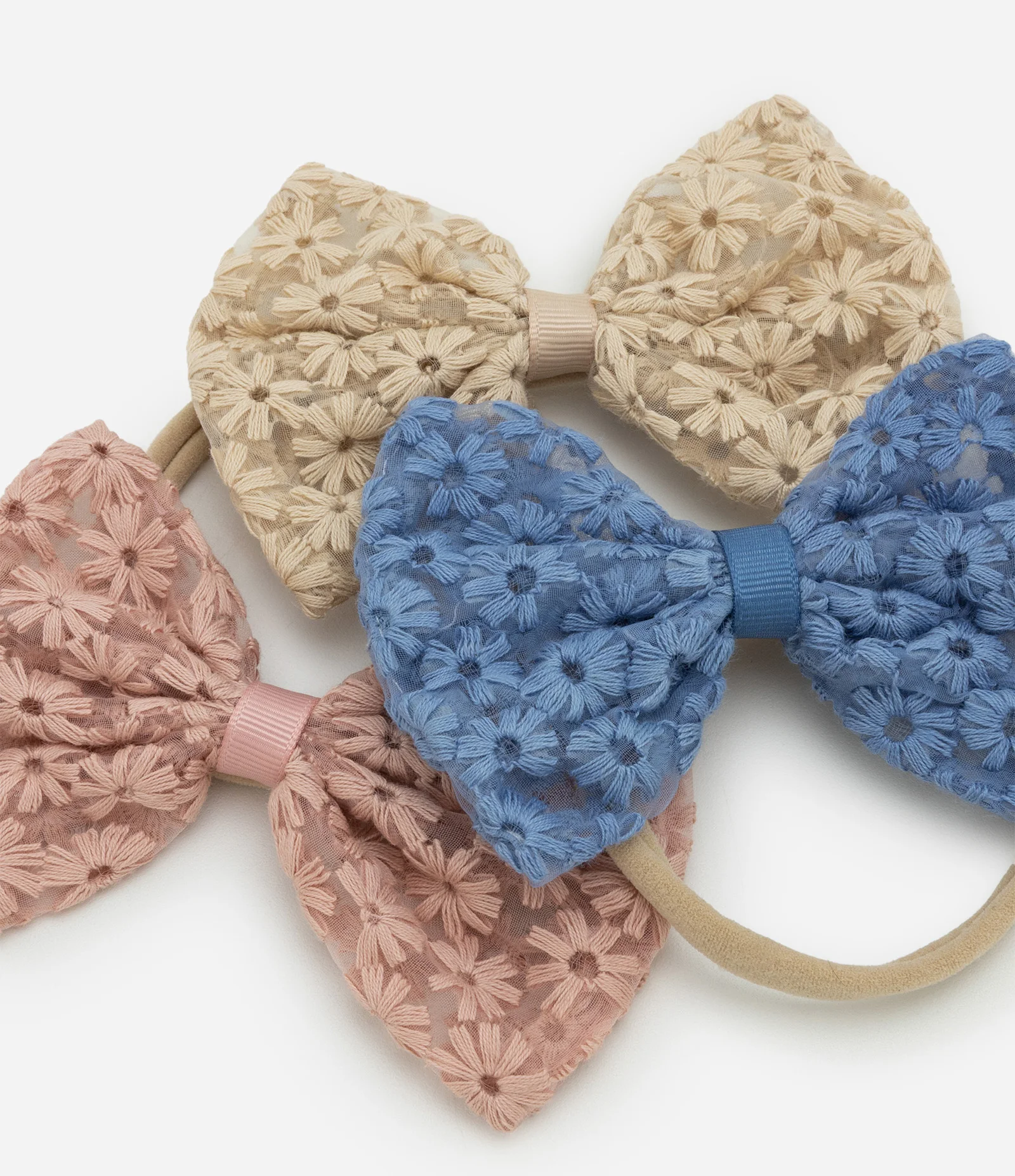 Kit 03 Faixas Infantis em Tule com Laços Texturizados – Tam U Azul/Rosa/Bege 2