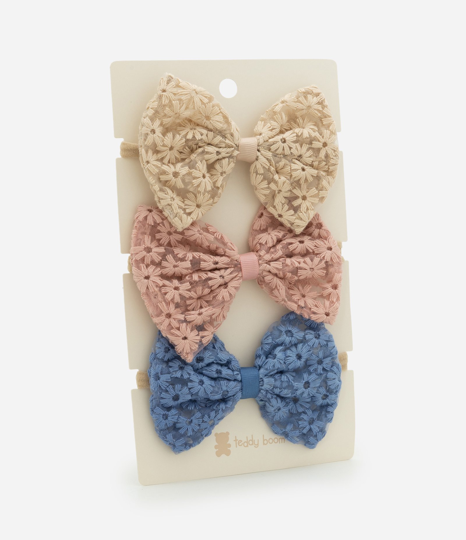 Kit 03 Faixas Infantis em Tule com Laços Texturizados – Tam U Azul/Rosa/Bege 3