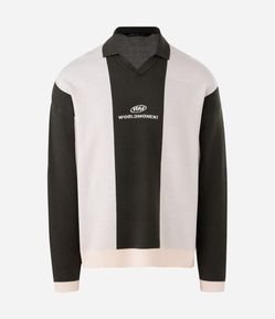 Suéter em Tricô com Gola Polo e Lettering no Peito
