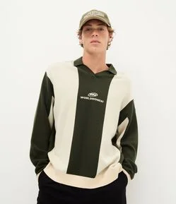 Suéter em Tricô com Gola Polo e Lettering no Peito