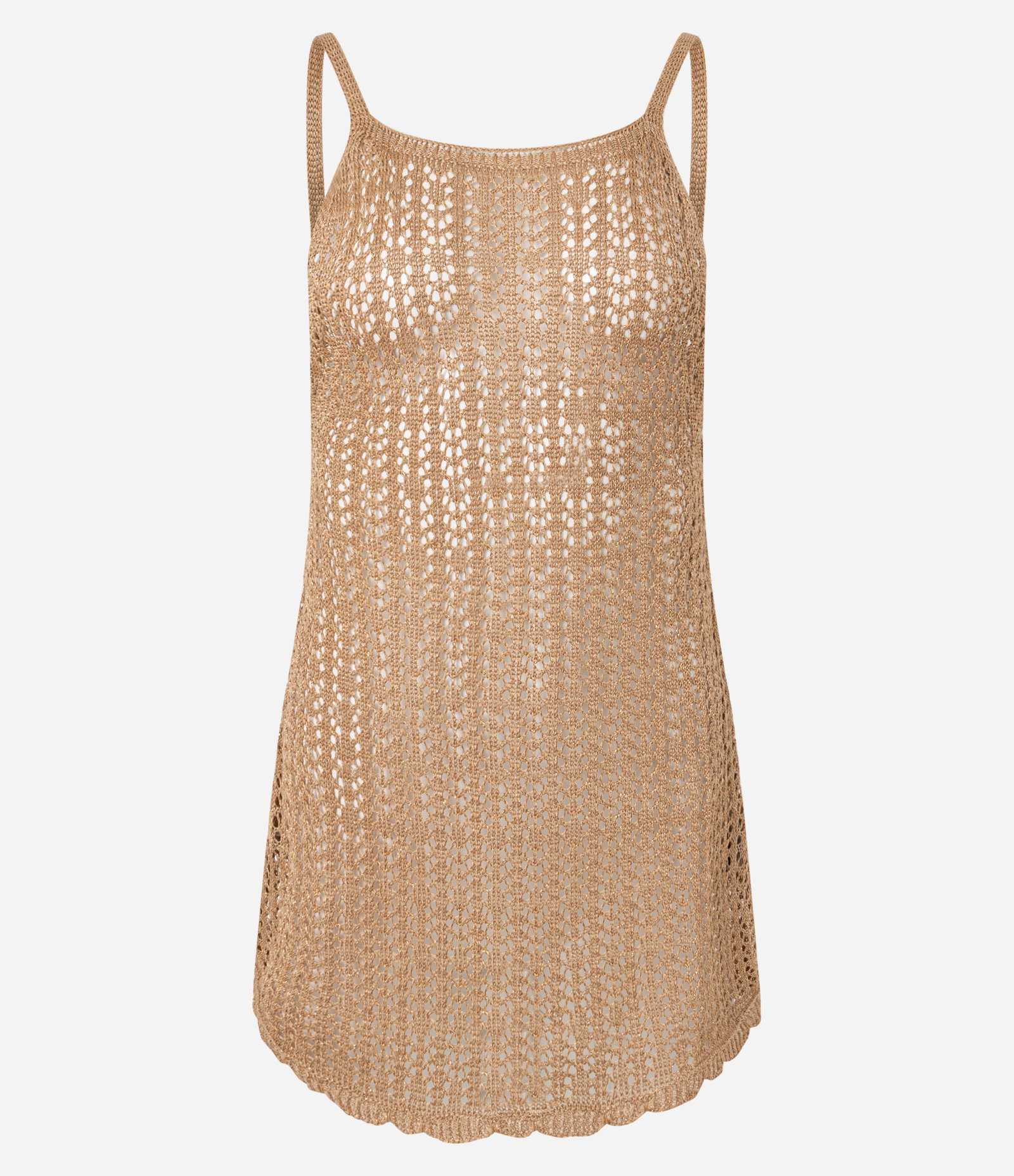 Saída de Praia Vestido Curto com Ponto Vazado e Fio Metalizado Marrom 4