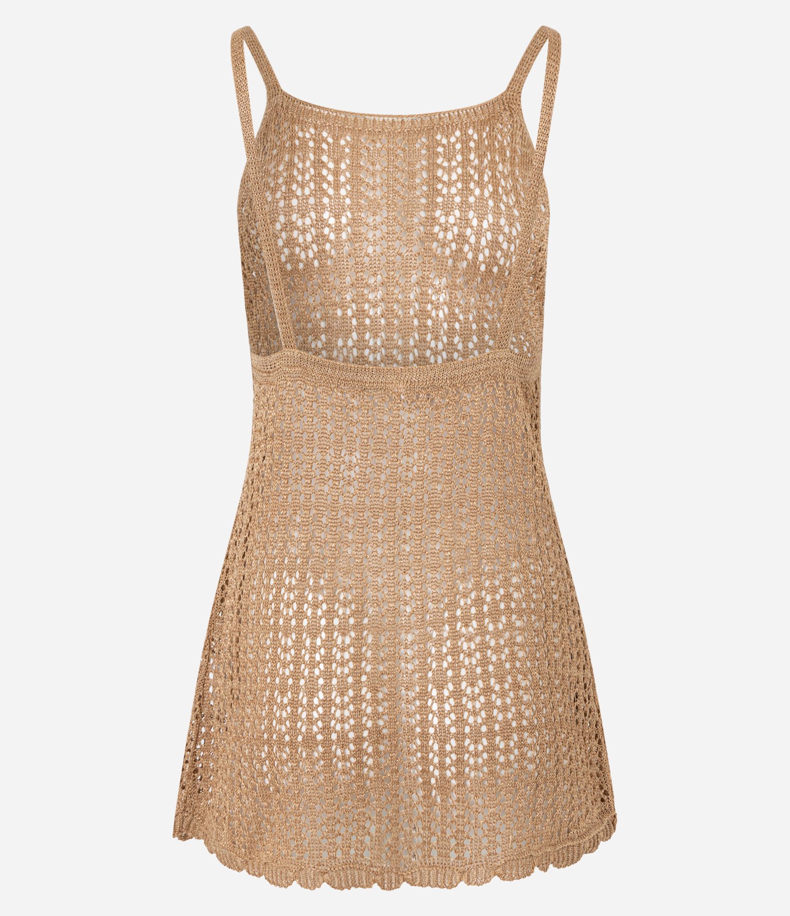 Saída de Praia Vestido Curto com Ponto Vazado e Fio Metalizado Marrom 6