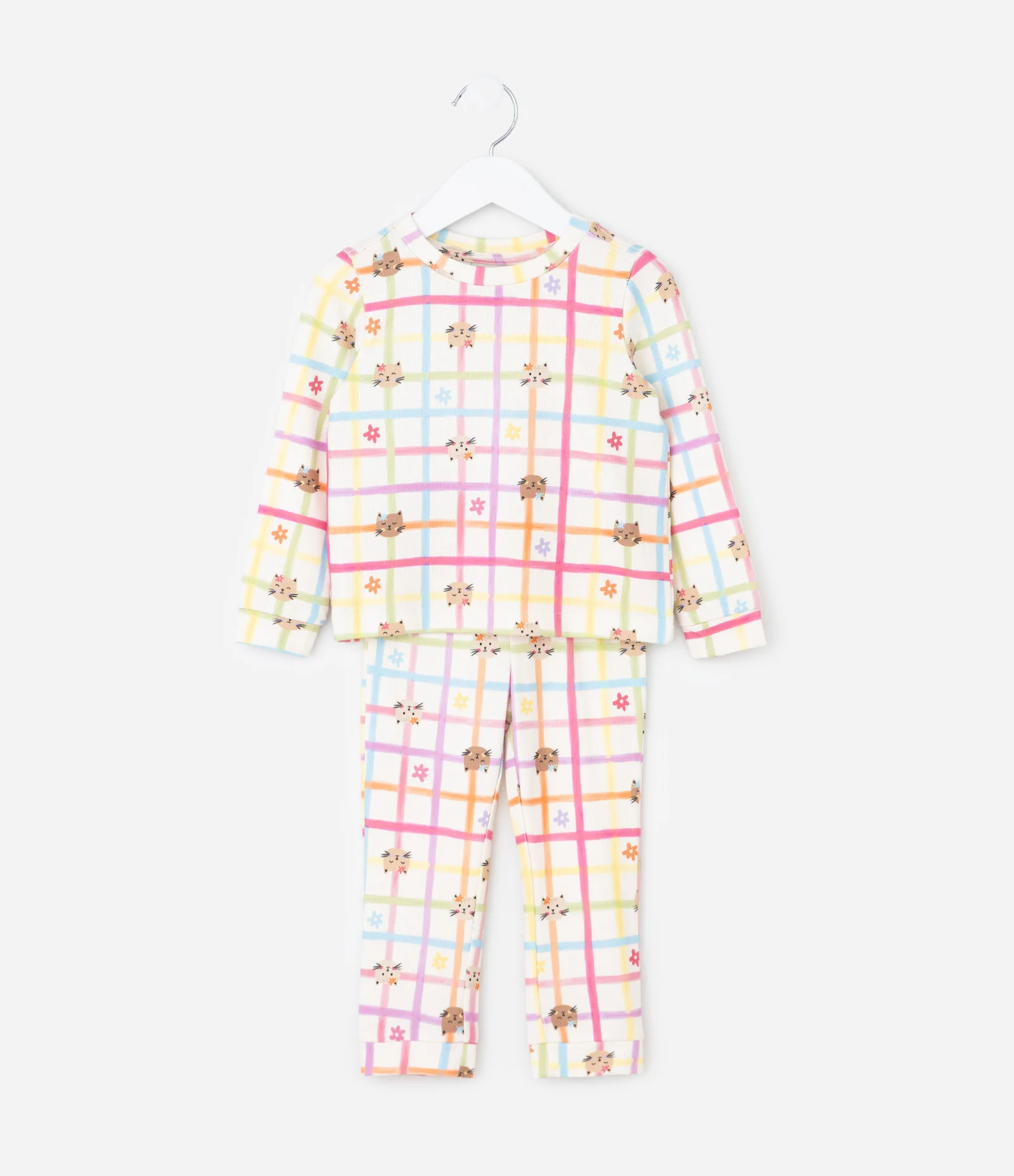 Pijama Infantil Estampa Quadriculada Flores e Gatinho – Tam 2 a 6 Anos Off White 2