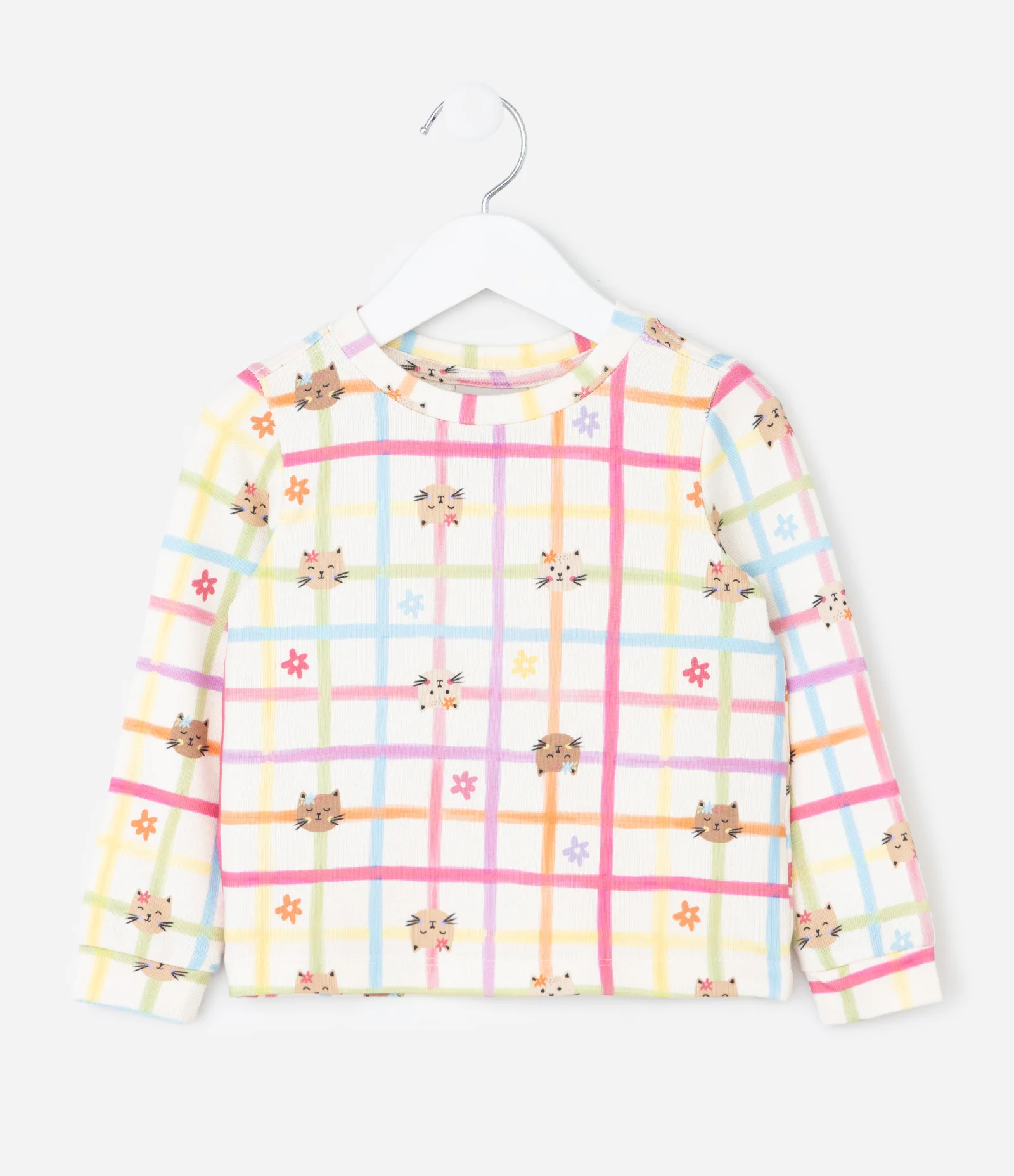 Pijama Infantil Estampa Quadriculada Flores e Gatinho – Tam 2 a 6 Anos Off White 3