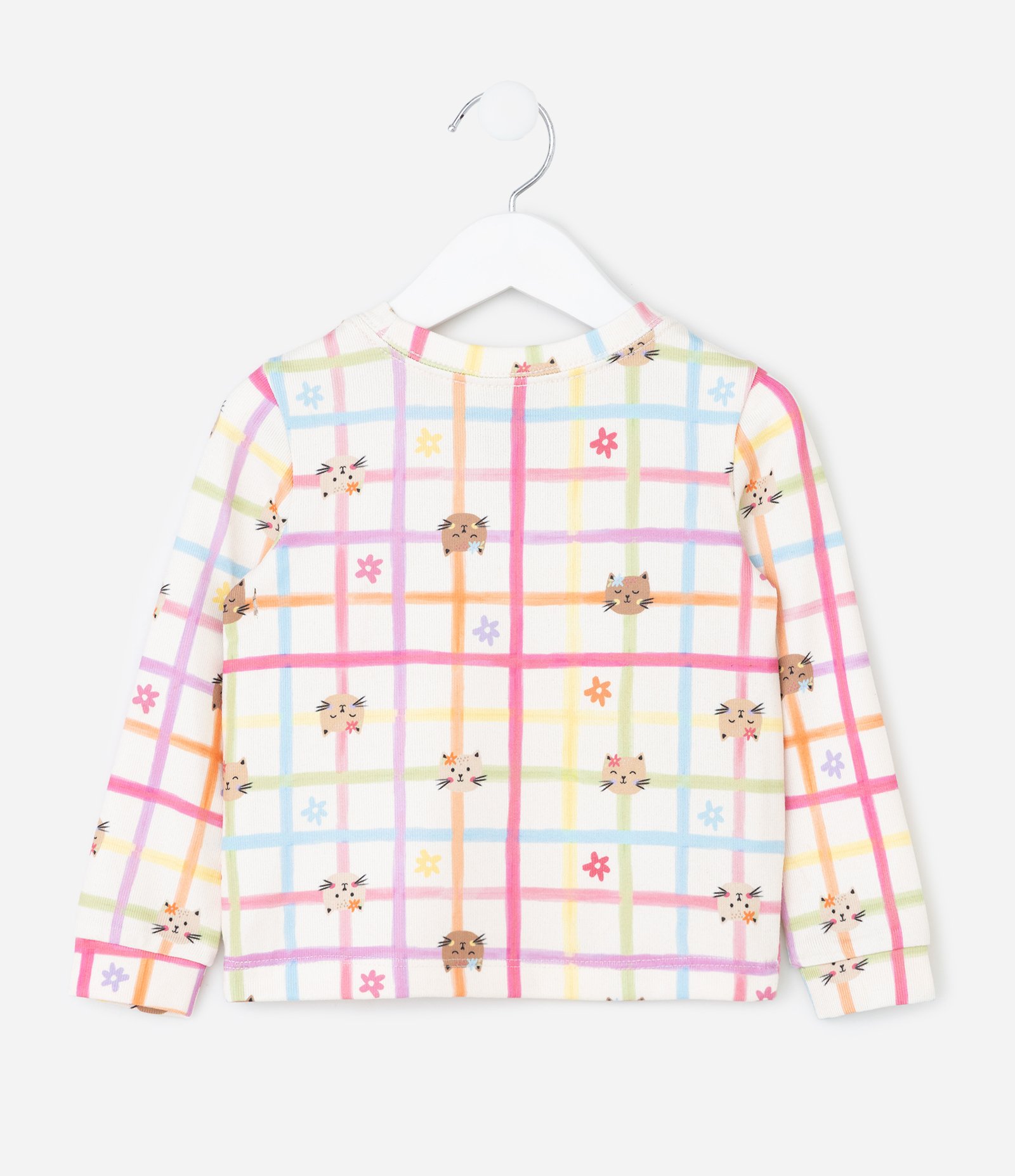 Pijama Infantil Estampa Quadriculada Flores e Gatinho – Tam 2 a 6 Anos Off White 4