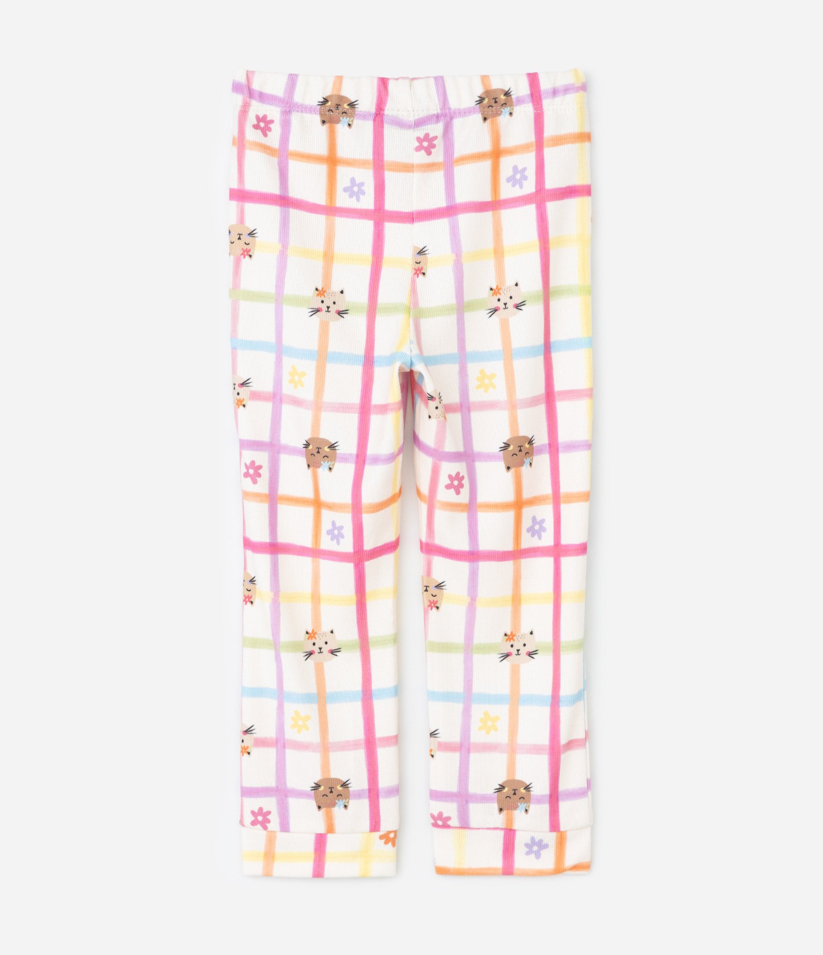 Pijama Infantil Estampa Quadriculada Flores e Gatinho – Tam 2 a 6 Anos Off White 6