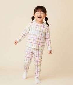 Pijama Infantil Estampa Quadriculada Flores e Gatinho – Tam 2 a 6 Anos