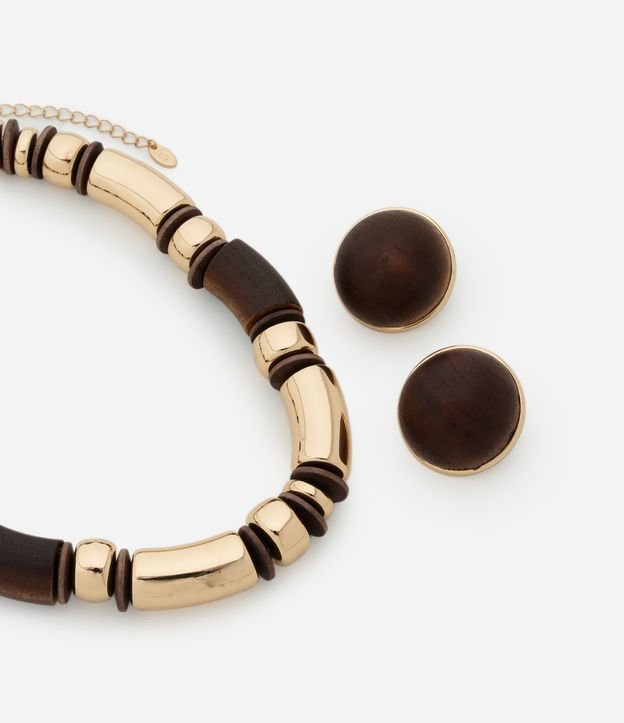 Conjunto de Colar e Brinco em Madeira e Metal com Banho Light Gold