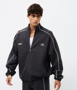 Blusão Boxy com Zíper em Microfibra com Lettering no Peito e Listra nas Mangas