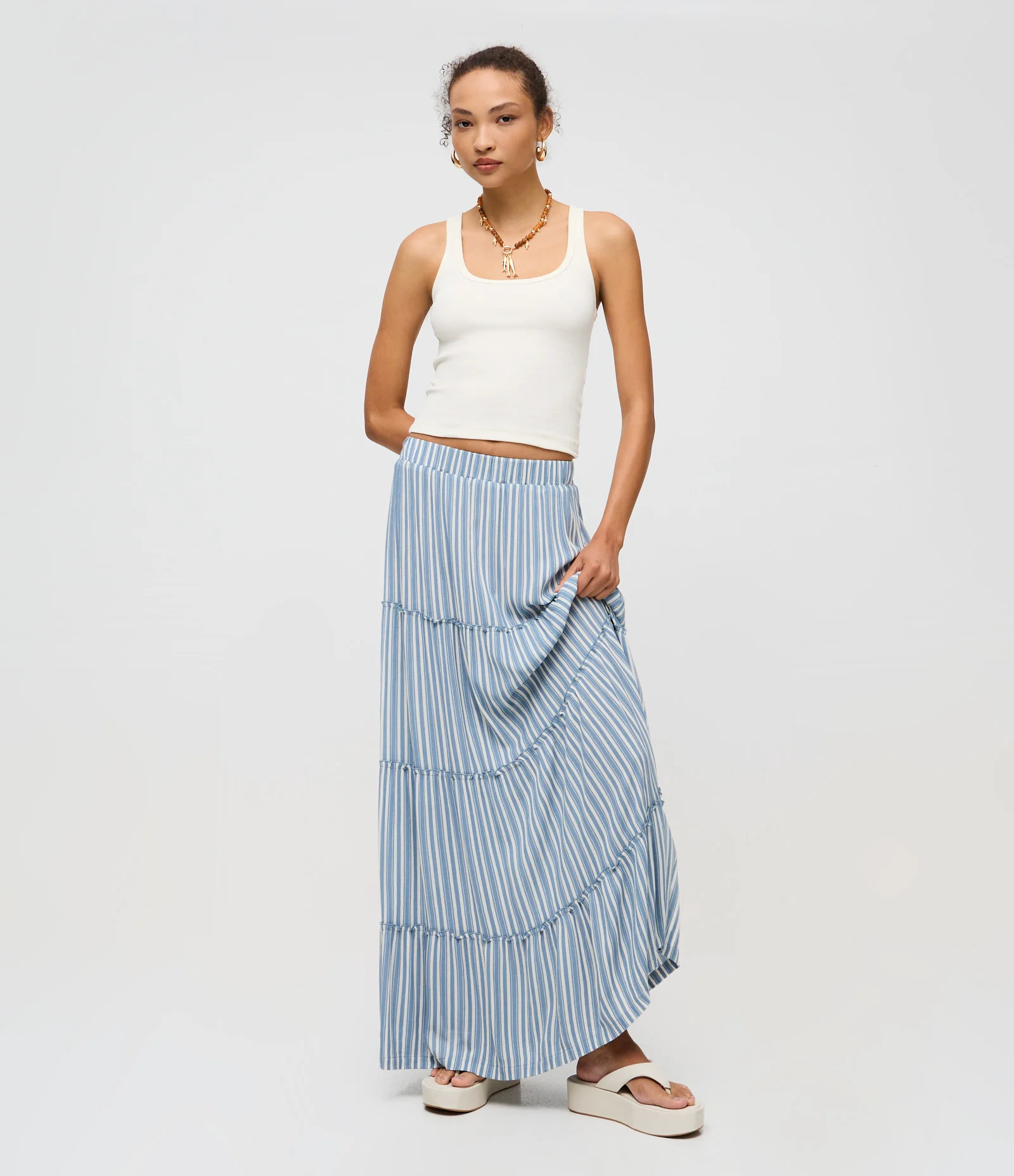 Saia Longa em Viscolinho com Estampa de Listras e Marias Azul 1