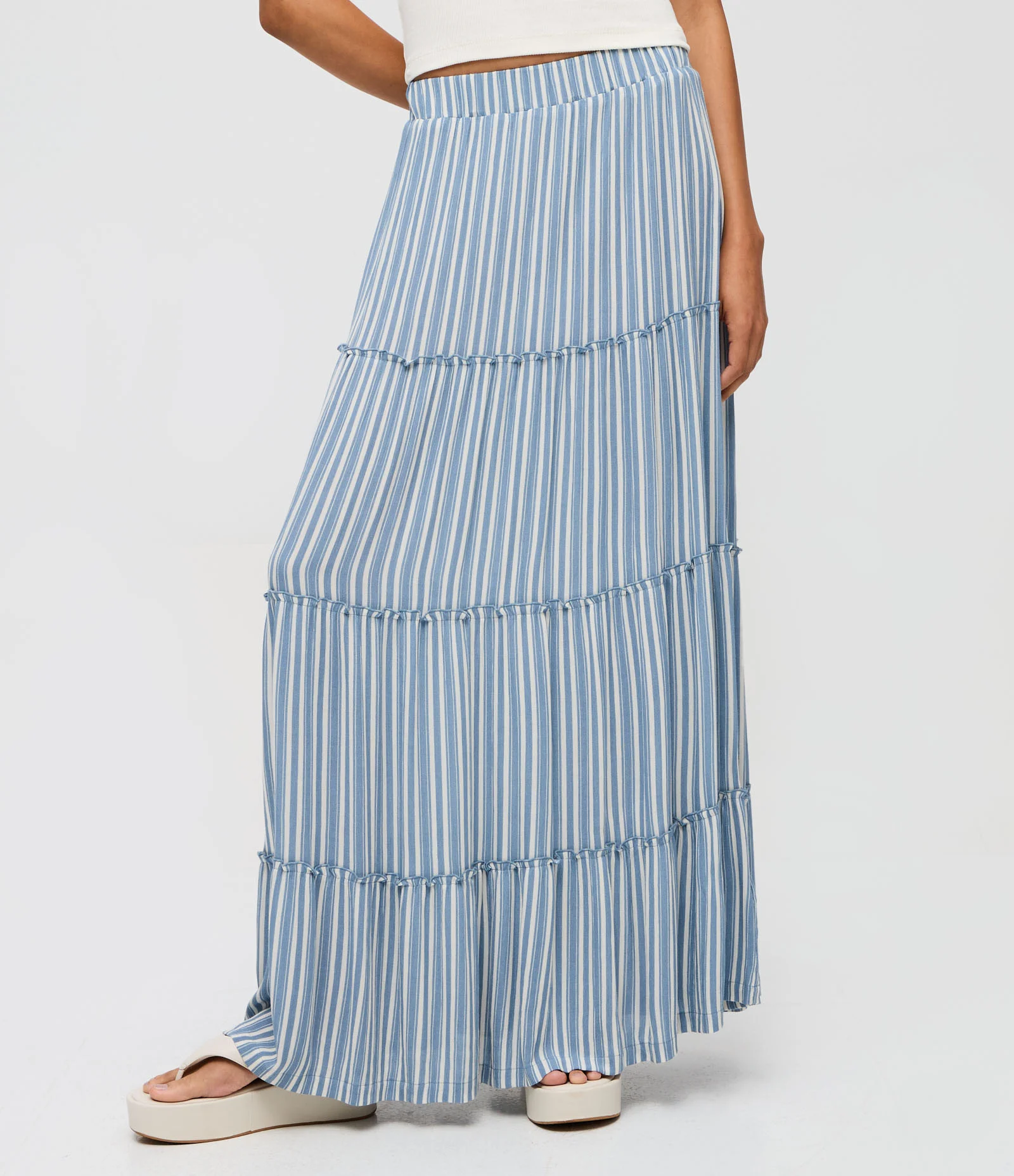 Saia Longa em Viscolinho com Estampa de Listras e Marias Azul 2